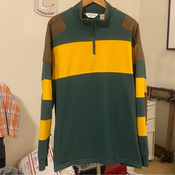 Orvis Other - VINTAGE ORVIS MENS L  RUGBY JERSEY GREEN YELLOW & LEATHER ACCENTS. HIGH QUALITY